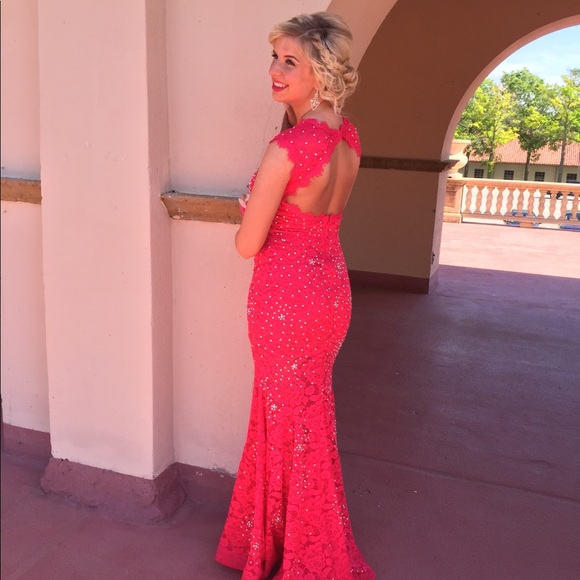 Betsy and Adam Pink Rhinestone Prom Dress - Picture 2 of 6